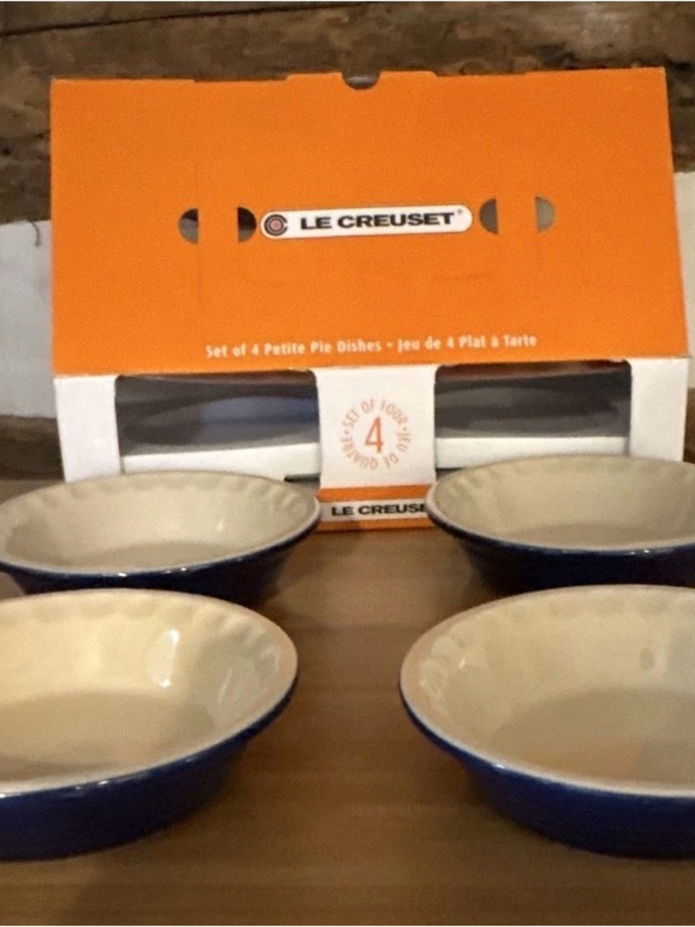 Le Creuset Indigo Exterior with Cream Interior Petite Pie Dish Set, 4-Piece New